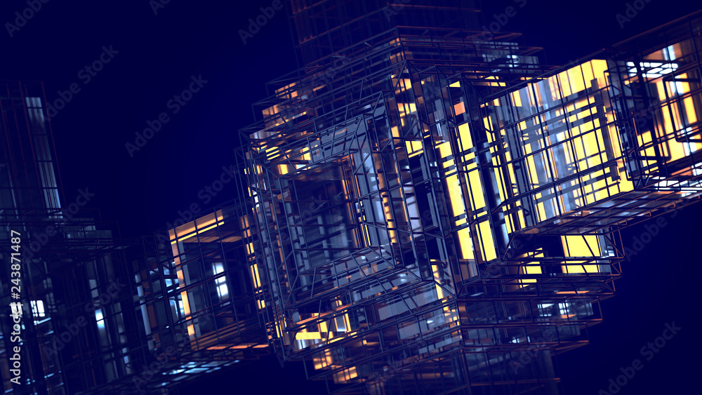 Poster 3d render futuristic virtual technology background with lines glass and grids
