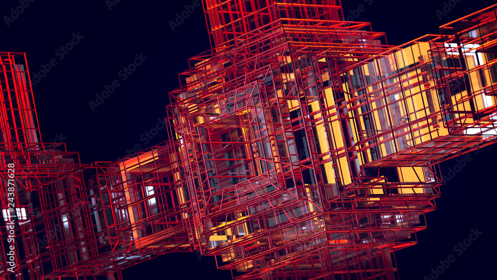 Poster 3d render futuristic virtual technology background with lines glass and grids