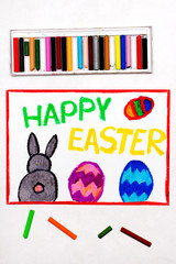 Colorful drawing: Beautiful Easter card with easter eggs and cute bunny
