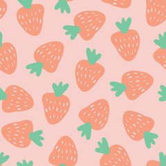 Strawberry pattern. Vector seamless background with illustrated fruits isolated on pink. Food illustration. Use for card, menu cover, web pages, page fill, packaging, farmers market, summer fabric.