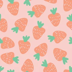 Muurstickers Strawberry pattern. Vector seamless background with illustrated fruits isolated on pink. Food illustration. Use for card, menu cover, web pages, page fill, packaging, farmers market, summer fabric. © StockArtRoom