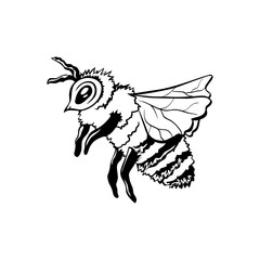 Honey Bee, Outline Logo Design. Isolated Vector. Black Engraved Element. Vintage Style Illustration of Flying Wasp