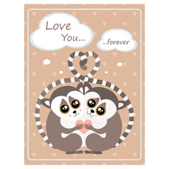 Valentine's day greeting vintage card. Hugging Lemur Vector illustration