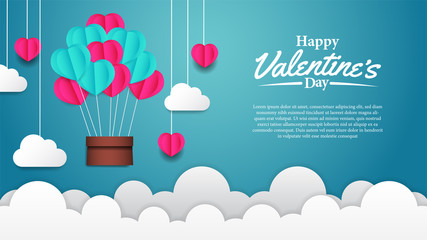 Valentine's day love illustration with flying balloon and cloud paper craft style