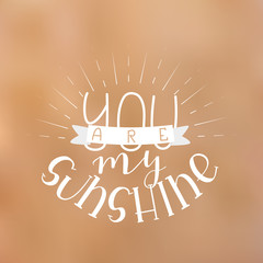 You are my Sunshine - White Hand Drawn Lettering on Blur Background. Vector Illustration Quote. Handwritten Inscription Phrase for Valentine Day Greeting Card Design, Celebration.
