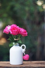 Lovely pinky blossom rose in vase on wooden table with white wall background, sweet gift concept