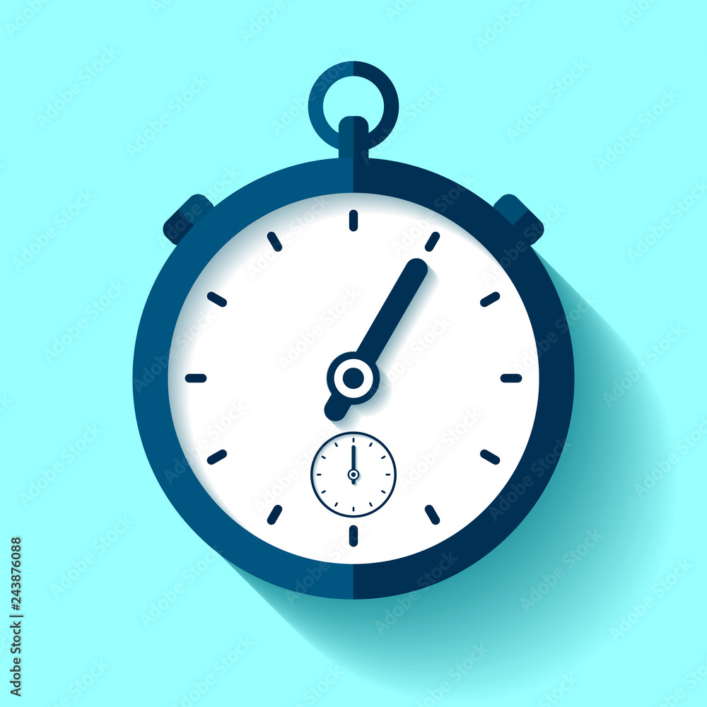 Poster stopwatch icon in flat style, round timer on color background. sport clock. time tool. vector design