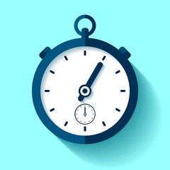 Stopwatch icon in flat style, round timer on color background. Sport clock. Time tool. Vector design element for you business project