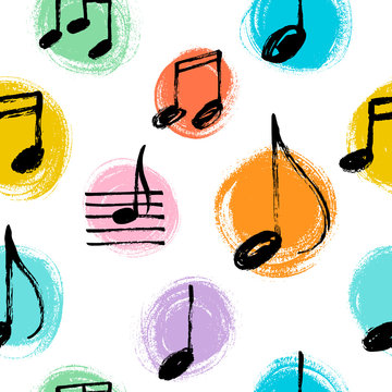 Hand drawn music notes seamless pattern. Vector doodle illustration.