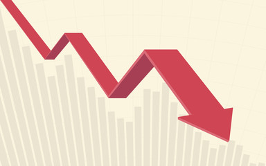 red color 3d Downtrend line arrows go down with bar chart in flat icon design on yellow color background
