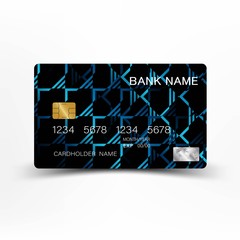 Illustration credit card design. Blue color on gray background. Glossy plastic style EPS10. 