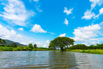 Clear water lake surrounded by mountains. Under the blue sky and sunlight, it is ideal for holiday and camping trips.