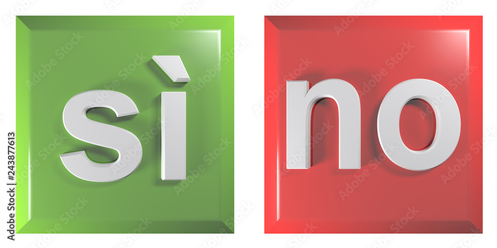 Aufkleber push buttons for positive and negative answers in italian: buttons are square - 3d rendering illustr