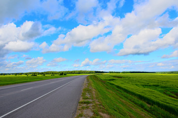 Fototapeta na wymiar The road between green meadows on a background of bright blue sky