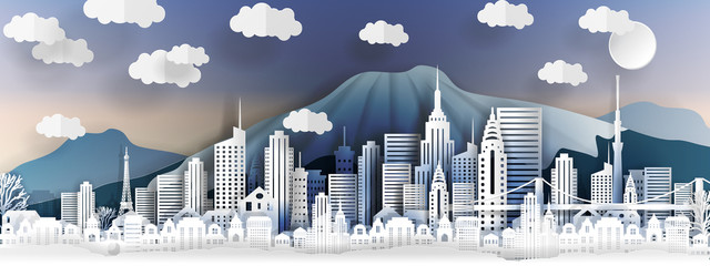 Tokyo city concept, Japan. Paper art city on back with buildings, towers, bridge, clouds. Origami and travel concept, vector paper art illustration.