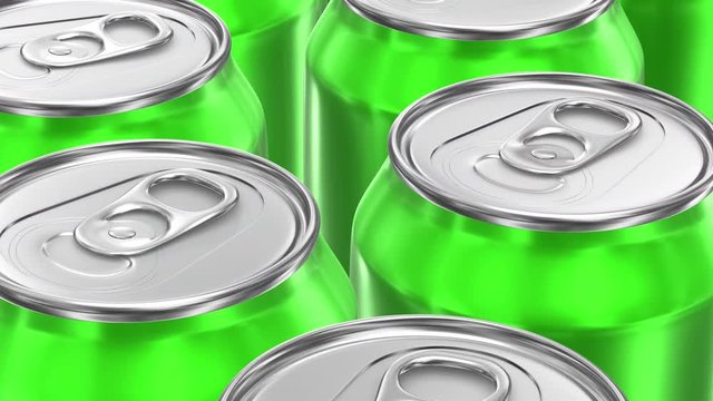UHD looping 3D animation of the green aluminum soda cans