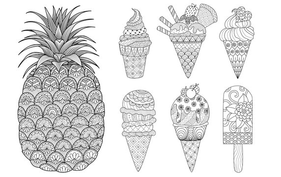 Pineapple and ice cream set for coloring book, coloring page,colouring picture and other design element. Vector illustration.