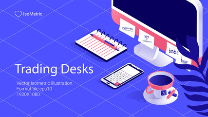 Workplace trader illustration, work desk banner, isometric illustration