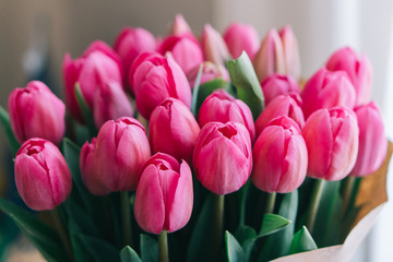 Fototapeta premium bouquet of many purple tulips, close up