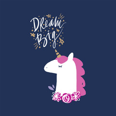Fototapeta na wymiar Vector cute unicorn illustration, card and t-shirt design