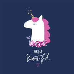 Vector cute unicorn illustration, card and t-shirt design