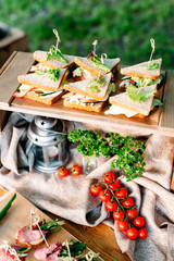 Delicious catering banquet buffet table decorated in rustic style in the garden. Different snacks, sandwiches with ham, chiken, cheese and greenery on a wooden plate. Outdoor. Vertical photo.