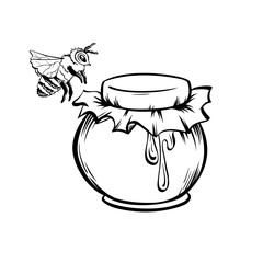 Honey and Bee, Outline Logo Design. Isolated Vector. Black Engraved Element. Vintage Style Illustration of Flying Wasp and Honey Drop