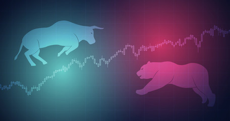 Widescreen Abstract financial chart with bulls and bear in stock market on red and blue color background
