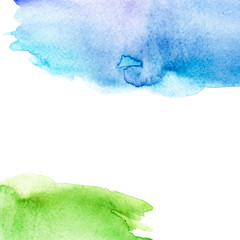 Watercolor blue, green background, blot, blob, splash of blue, green paint. Watercolor blue sky, green grass, hill.  Abstract art illustration, scenic background. Abstract watercolor art frame