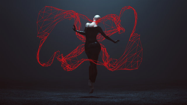 Floating Black Demon Shrink Wrapped Futuristic Haute Couture Dress and Red Neon Lattice Light Wave Abstract Demon 3d illustration 3d render  