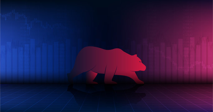 Widescreen Abstract Financial Chart With Downtrend Line Graph And Walking Bear Icon In Stock Market On Red And Blue Color Background