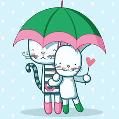 Happy cat and hare are walking in the rain with an umbrella.