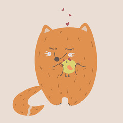 fox hugging little chick vector illustration