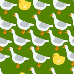 Seamless Pattern with Domestic Goose and Rubber Duck on Green Background.