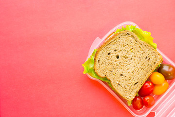 School lunch box. Bread, orange, baby corns, carrot and tomatoes in green plastic container