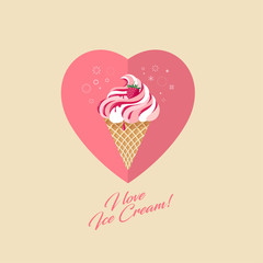 Raspberry ice cream in waffle cone. Ice cream, jam and berry on heart background with decor. Ice creams illustrations.