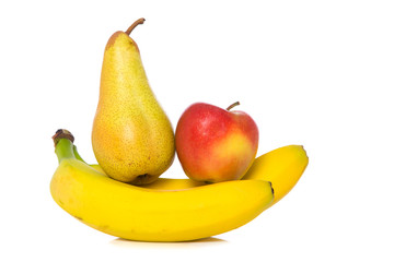 Bananas, pear and a apple isolated on white background