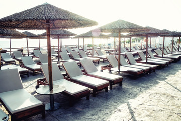 A row of sun beds on a hotel. Cyprus
