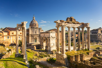 Fototapeta na wymiar The Roman Forum view, city square in ancient Rome, Italy