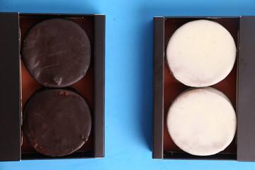Chocolate cakes and dulce de leche, typical in Argentina. called Alfajores