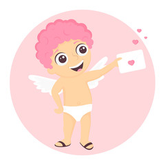 Cute cartoon Cupid or angel with pink hair and white wings holding envelope in hand. Vector illustration for Valentine's Day