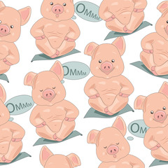 Cartoon pig in lotus pose, seamless pattern. Pig sitting meditating in lotus pose or doing yoga, seamless background. Vector illustration.