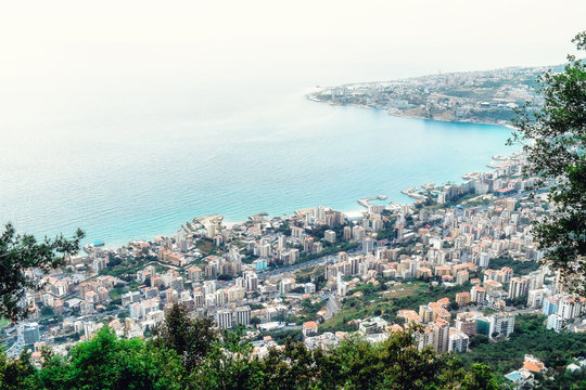 overview of Harissa maronite sanctuary, Lebanon with Beirut and mediterranean sea in background
