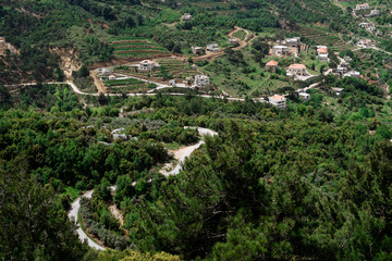 Fototapeta na wymiar Faraya valley and village with scattered houses shot from the hill. Lebanon