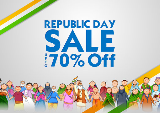 People of different religion showing Unity in Diversity on Happy Republic Day of India Sale Promotion Background