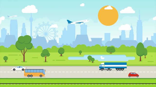 Animation of Abstract City Skyline and Transport: Cars, Train, Airplane. Background Seamless Loop Full HD and 4K - Cartoon