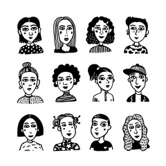 Big set of gilrls avatars. Doodle style portraits of fashionable girls. Feminists union, girls power, sisterhood concept. Black and white hand drawn vector illustration