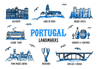 Portugal landmarks set. Handdrawn sketch style vector illustration - obrazy, fototapety, plakaty
