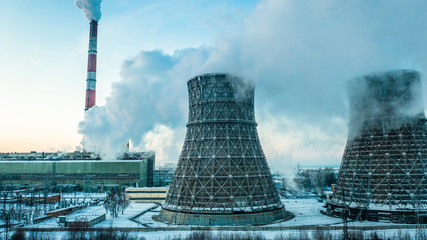 Aerial view of Combined heat and power plant in industrial zone. Cheboksary City, Russia. Heavy...