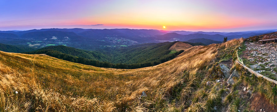 Sunset. Beautiful panoramic view of the Bieszczady mountains in the early autumn, Bieszczady National Park (Polish: Bieszczadzki Park Narodowy), Poland.